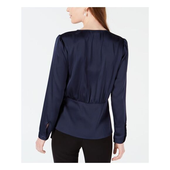 BAR III Womens Navy Tie Waist Long Sleeve V Neck Faux Wrap Top XXL - Picture 2 of 2